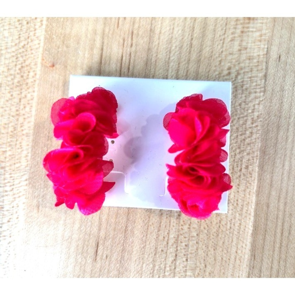Hot Pink Tropical Lei Flower Hoop Earrings Gold Tone Luau Inspired Statement